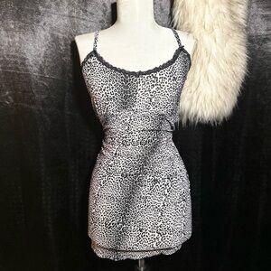 Y2K Leopard Print Slip Dress | Lace Trim Mini Size small